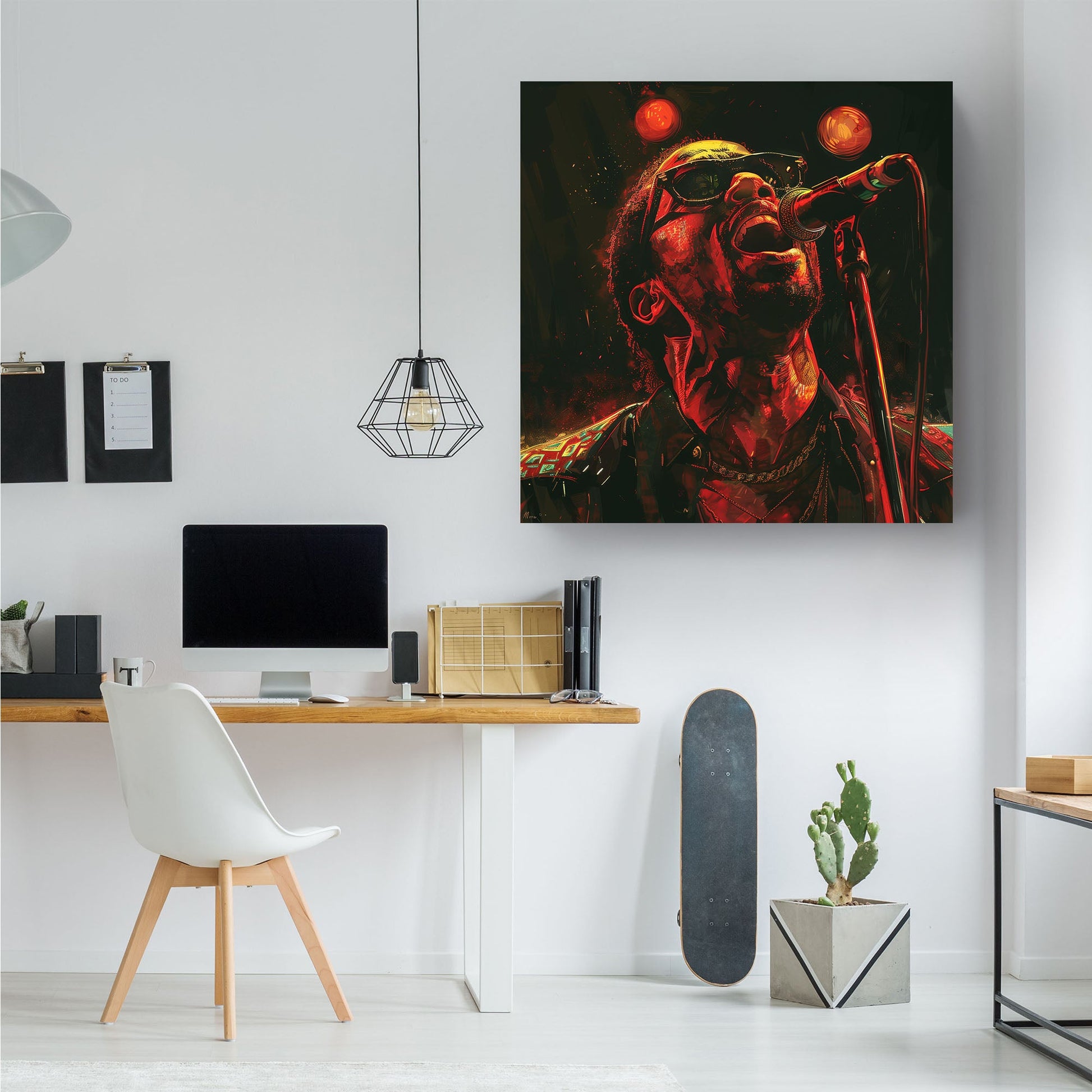 Stevie wonder singing under stage lights wall art print