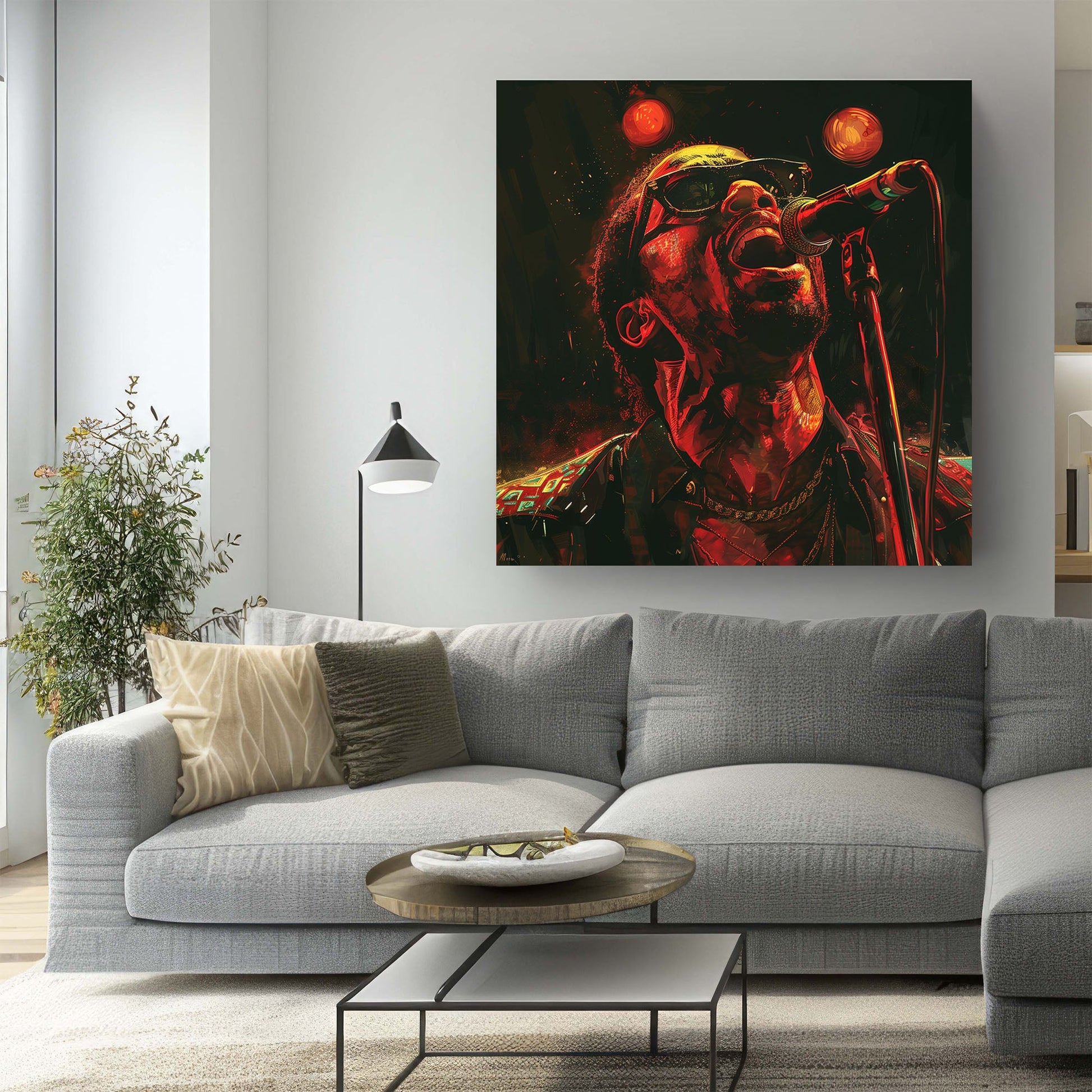 Stevie wonder singing under stage lights wall art print