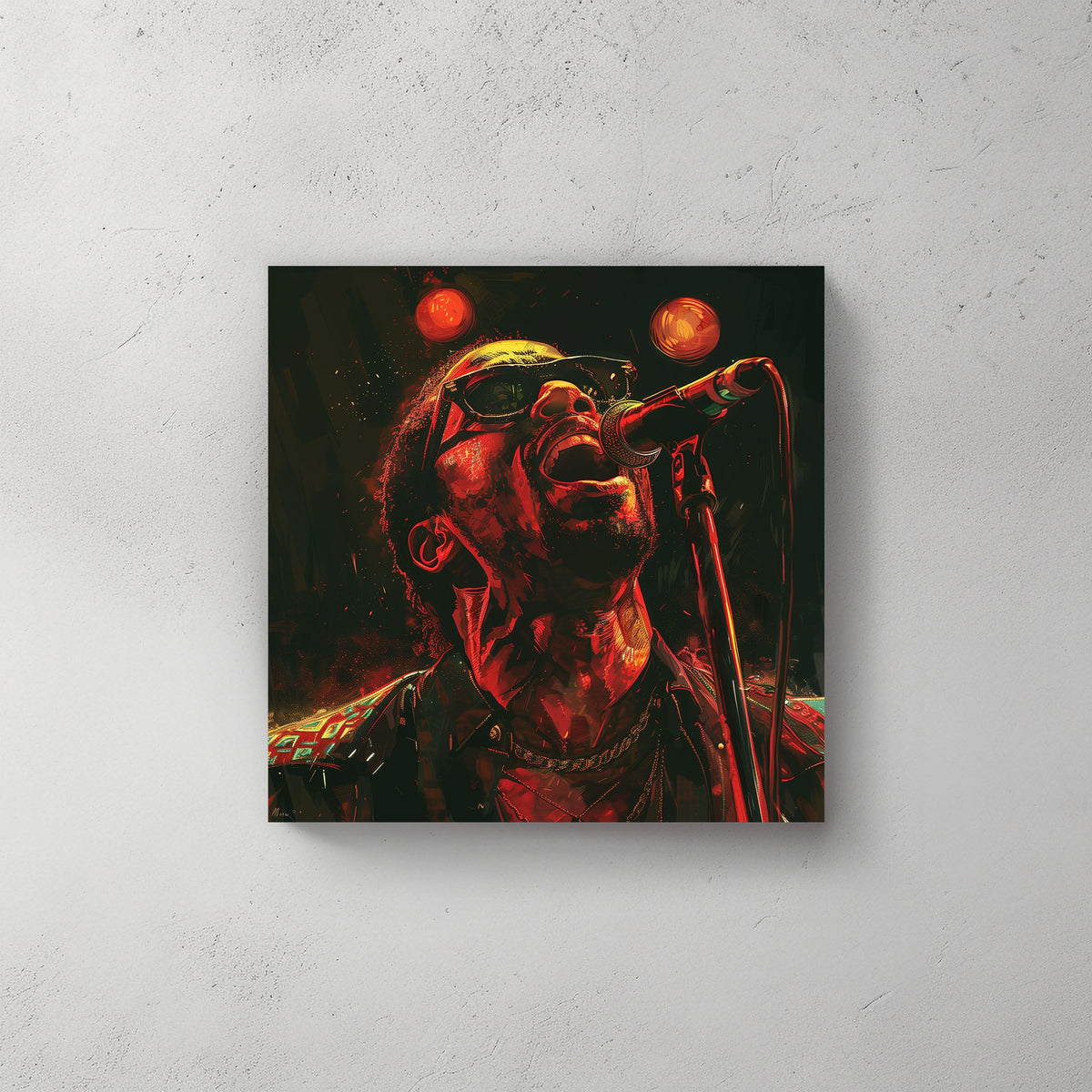 Stevie wonder singing under stage lights wall art print