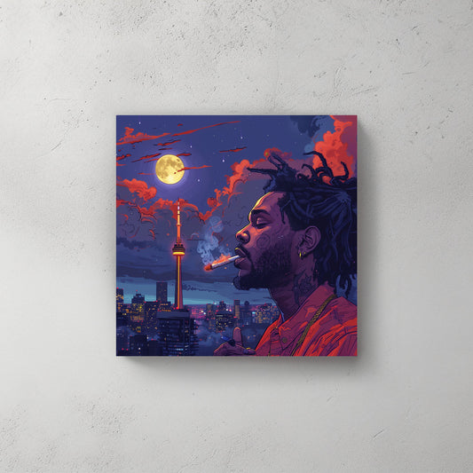 Male rapper smoking a joint by Toronto skyline wall art print