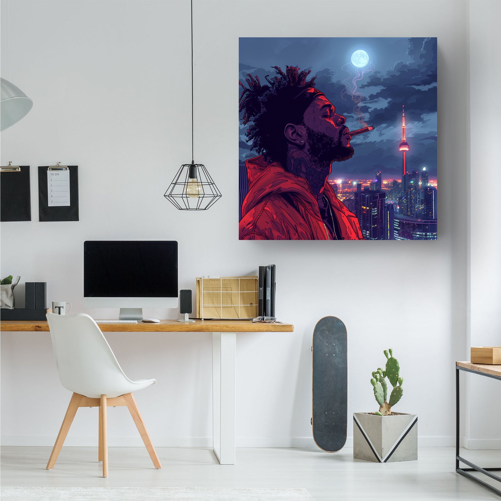 Man smoking with Toronto skyline in background wall art print