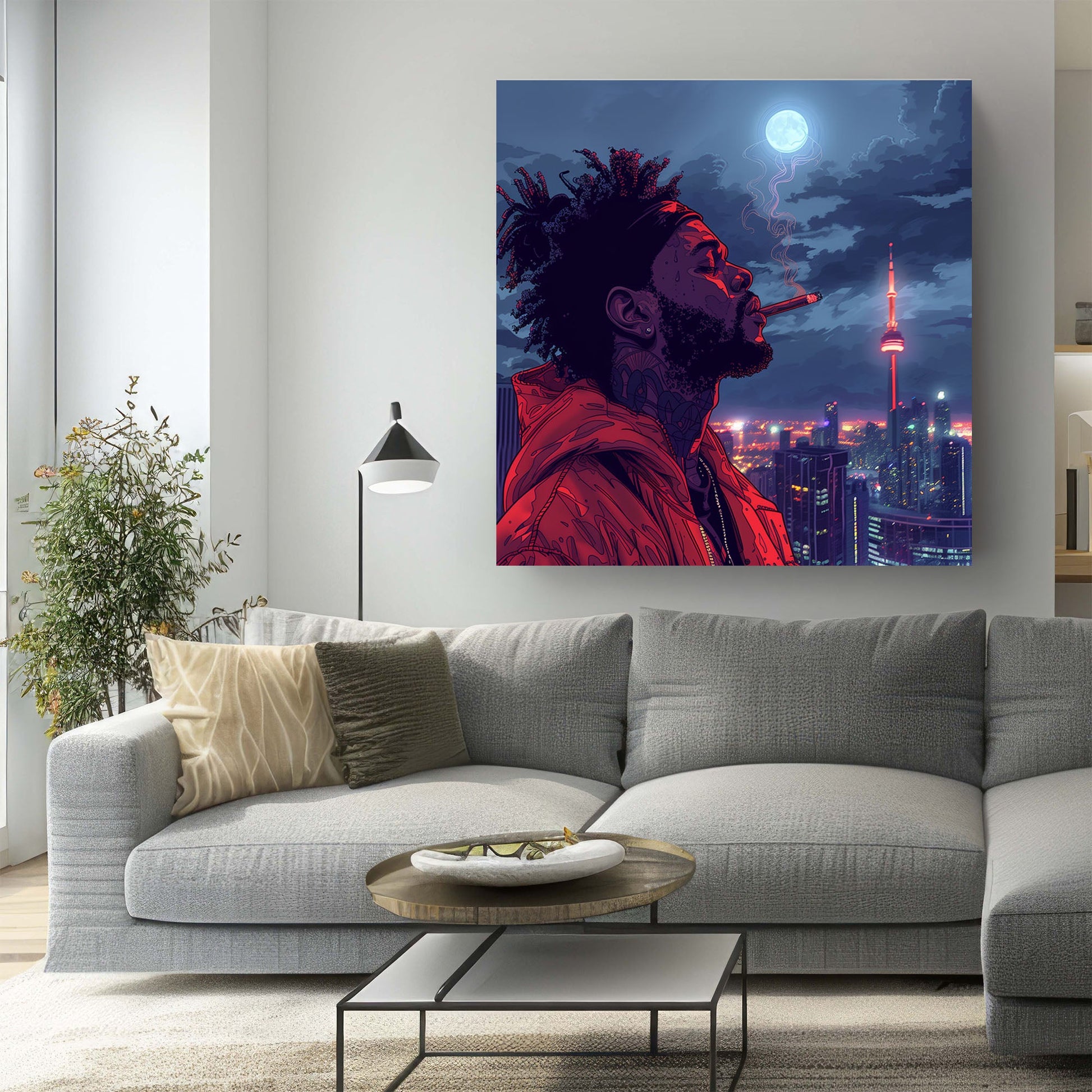 Man smoking with Toronto skyline in background wall art print