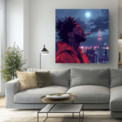 Man smoking with Toronto skyline in background wall art print