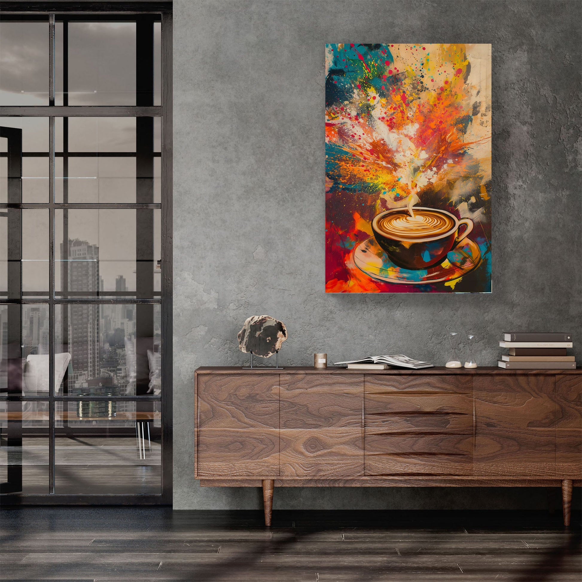 Coffee cappuccino with heart colorful wall art print for kitchen or bar