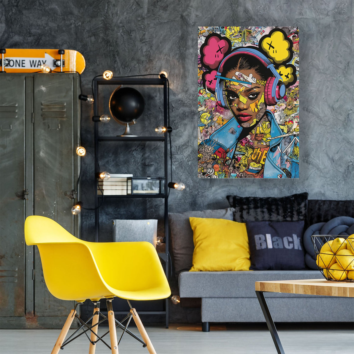 Female with headphones KAWS inspired graffiti wall art