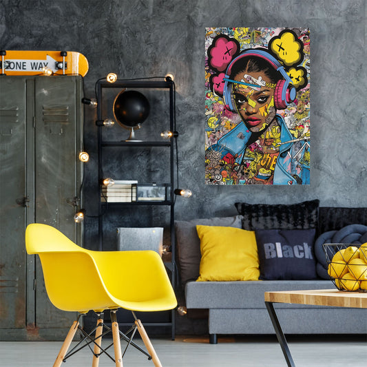 Female with headphones KAWS inspired graffiti wall art