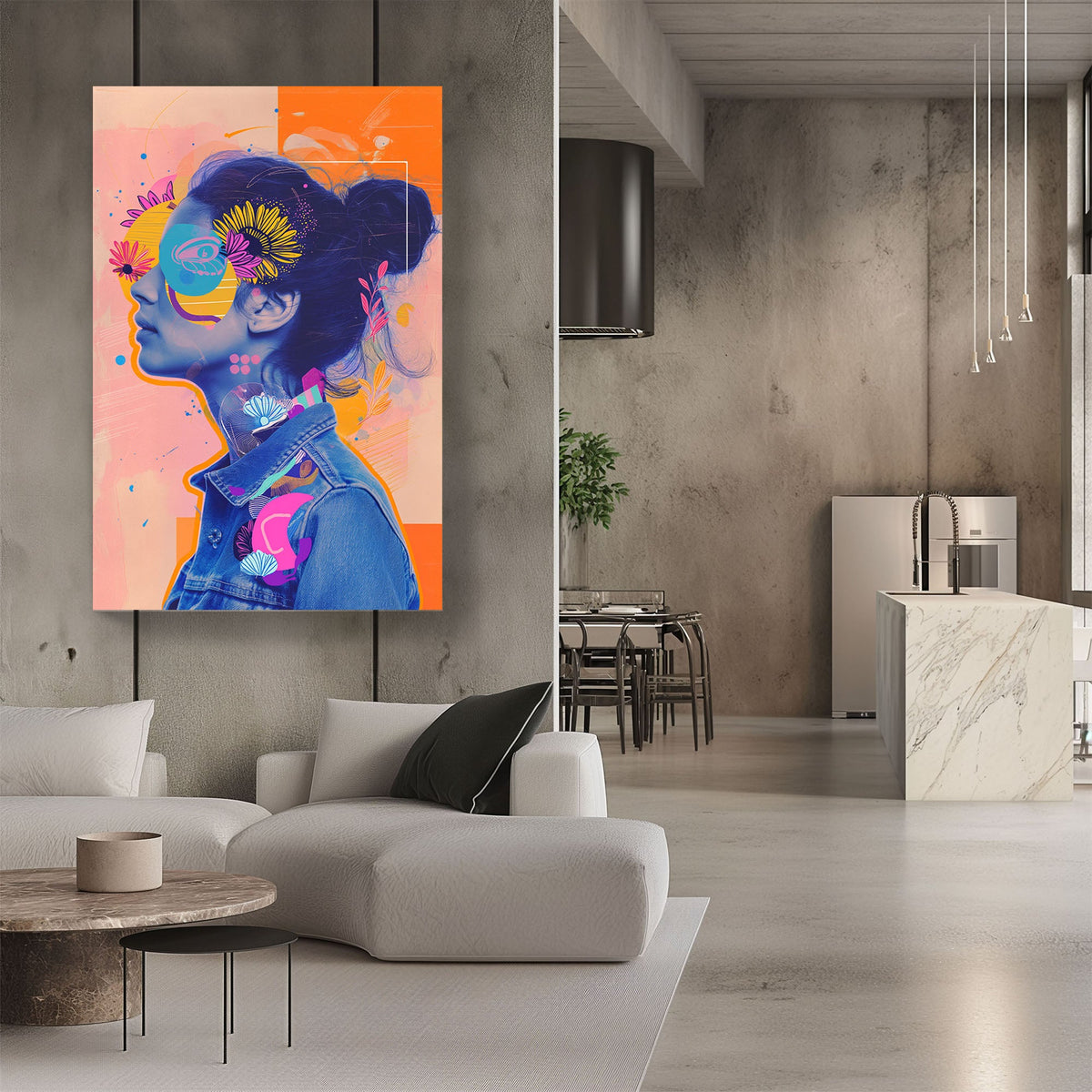 Young female with flowers, colours, pop wall art print