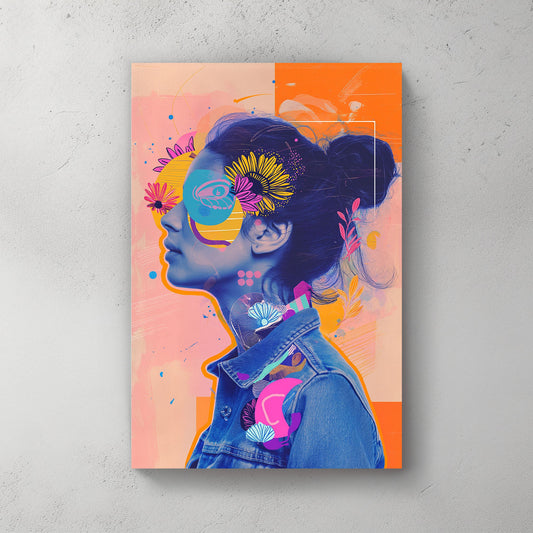 Young female with flowers, colours, pop wall art print