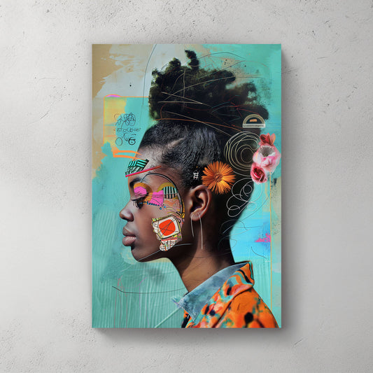 Black woman teal background pop wall art print