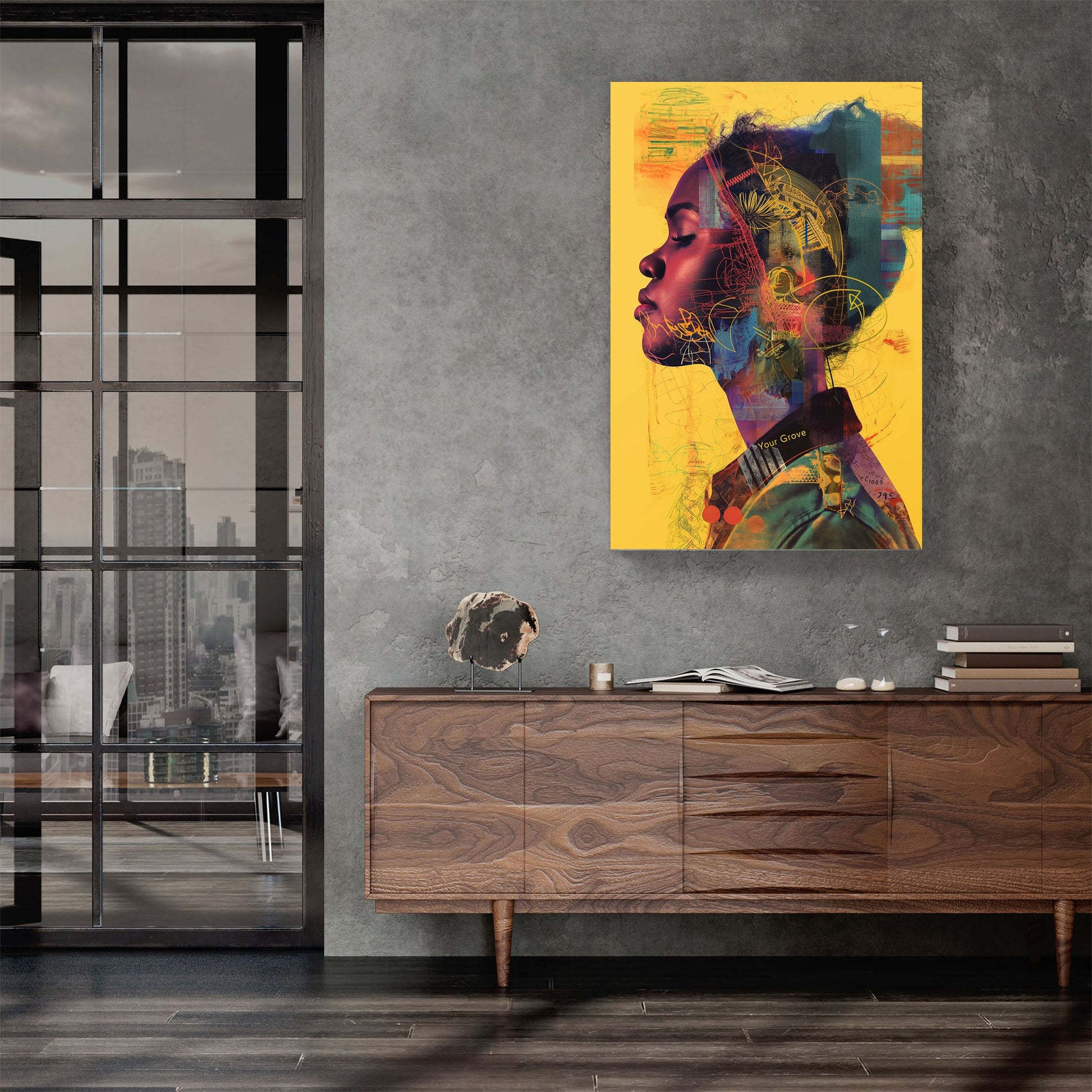 Black woman yellow background pop wall art print