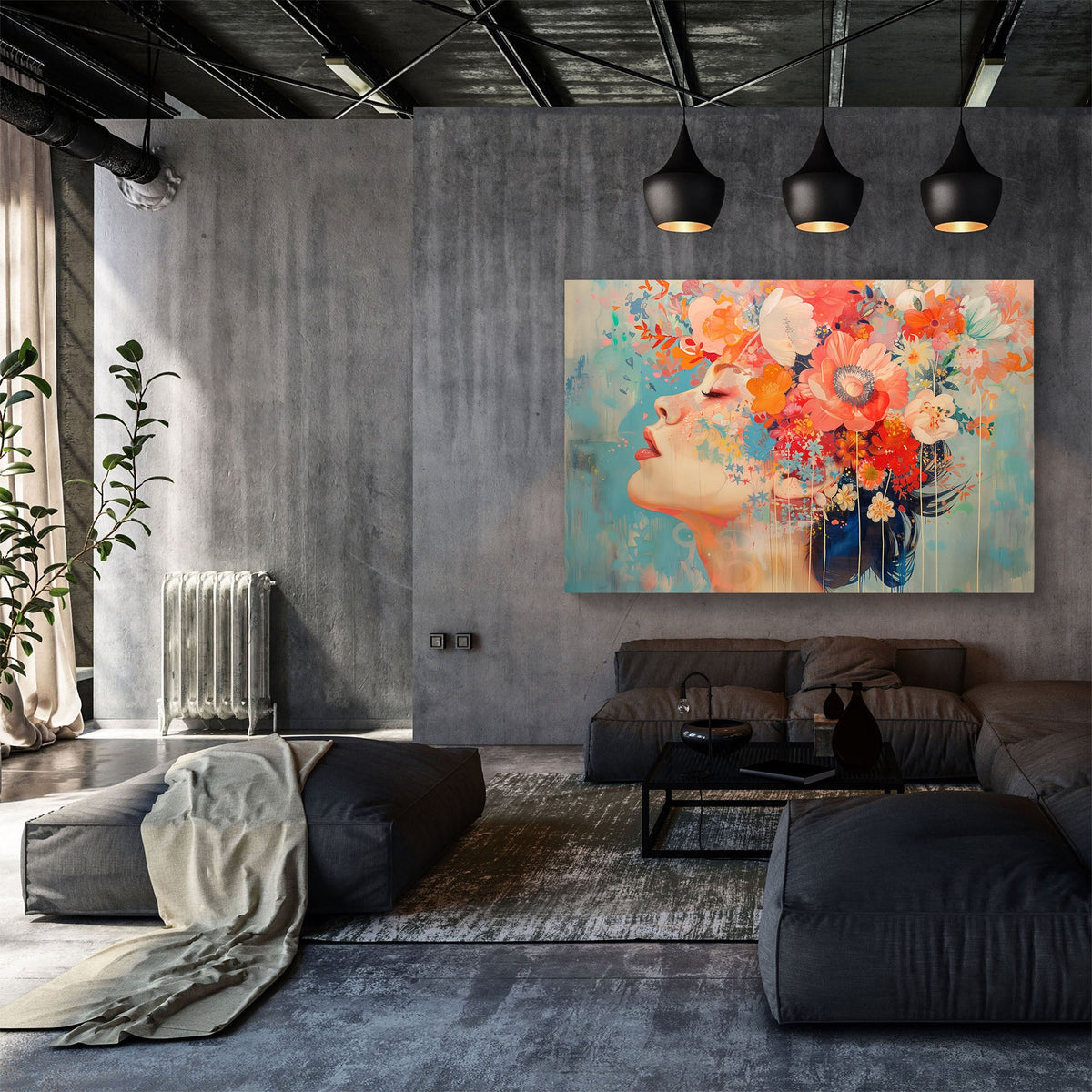 Female with flowers over head expressionism wall art print