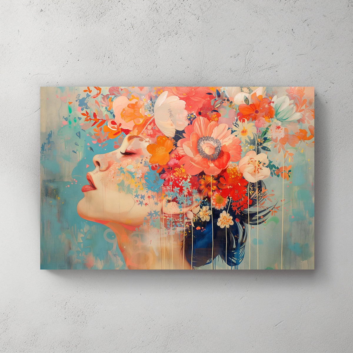 Female with flowers over head expressionism wall art print