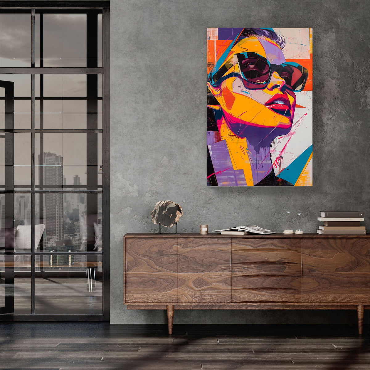 Abstract art of female face with sunglasses wall art print