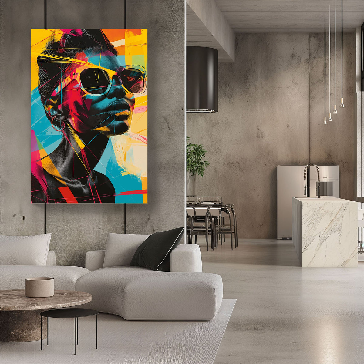 Female portrait wearing sunglasses colorful modern wall art print