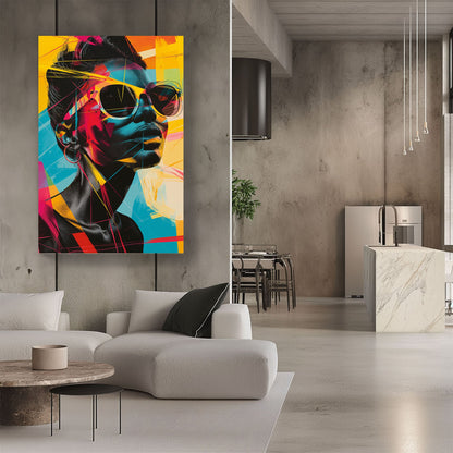 Female portrait wearing sunglasses colorful modern wall art print