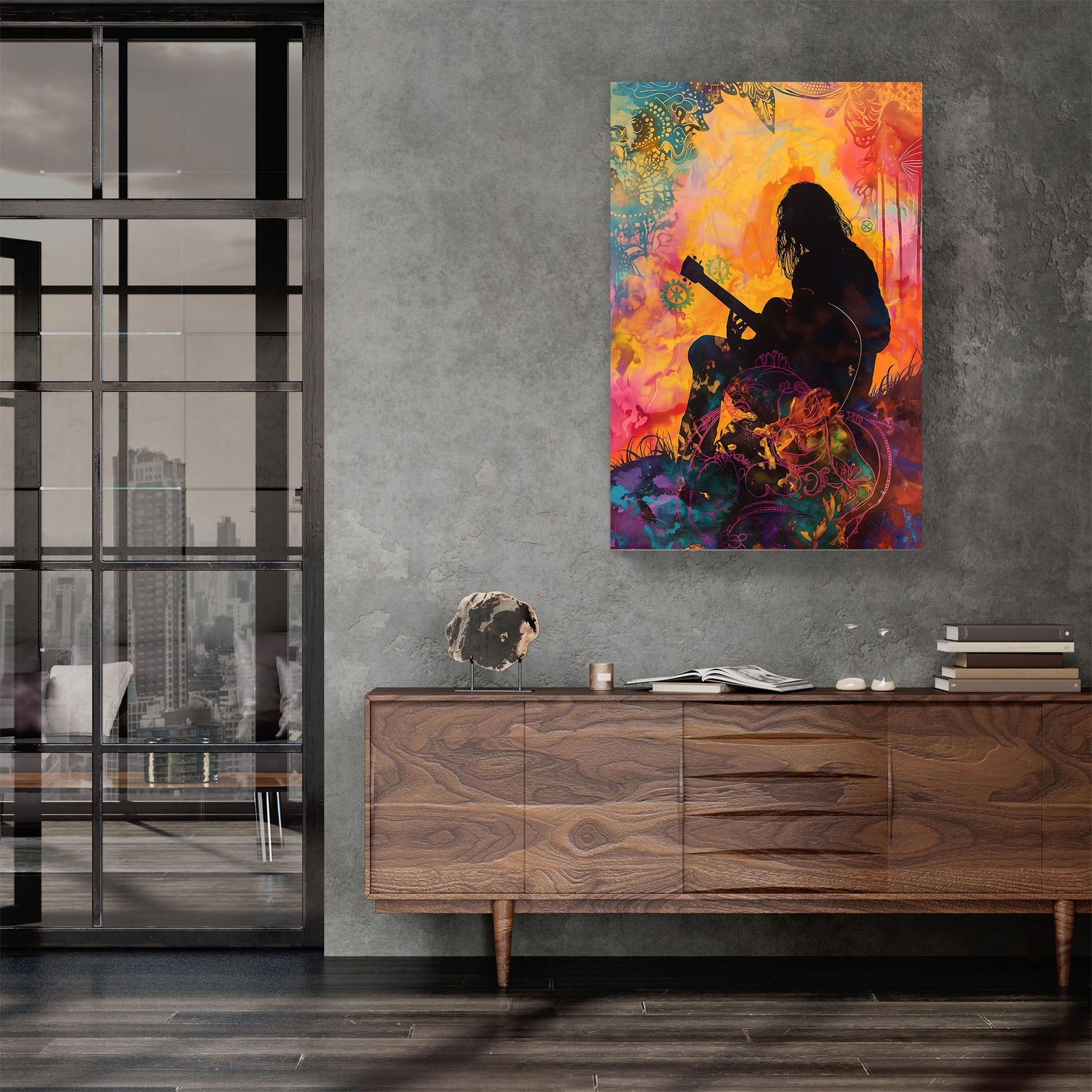 Silhouette of man playing guitar modern wall art print