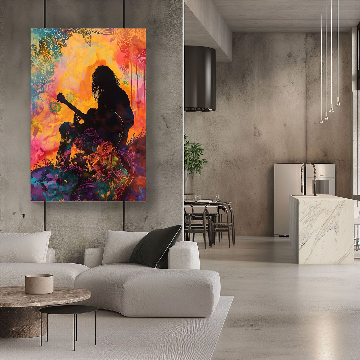 Silhouette of man playing guitar modern wall art print