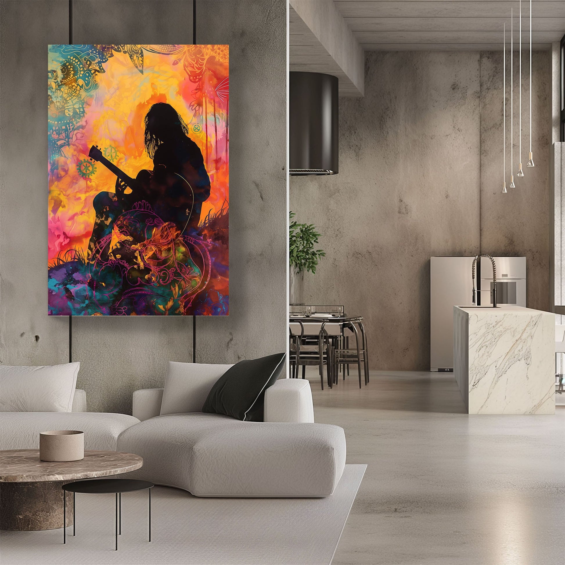 Silhouette of man playing guitar modern wall art print