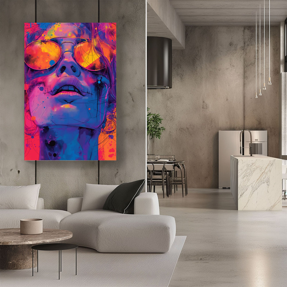 Fiery woman face portrait wearing sunglasses wall art print