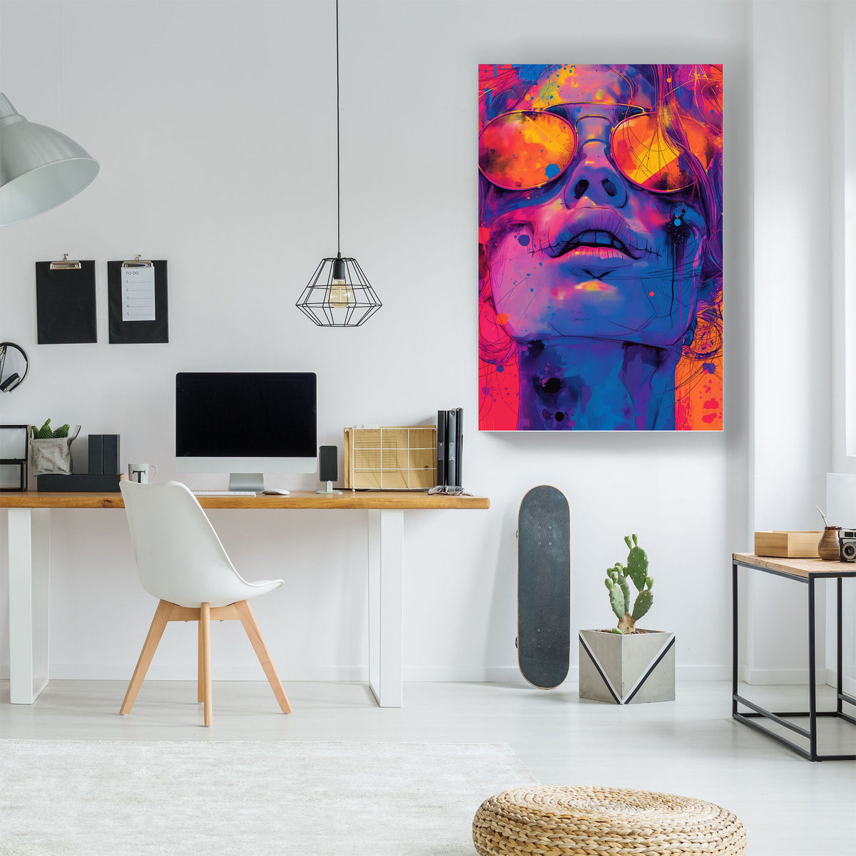 Fiery woman face portrait wearing sunglasses wall art print