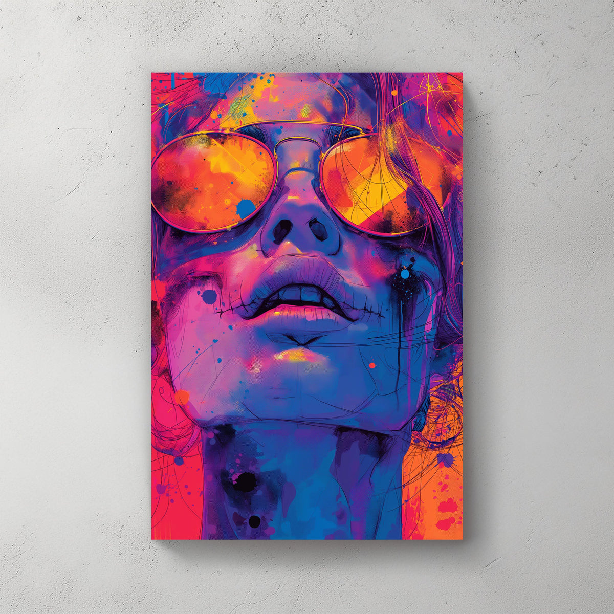 Fiery woman face portrait wearing sunglasses wall art print