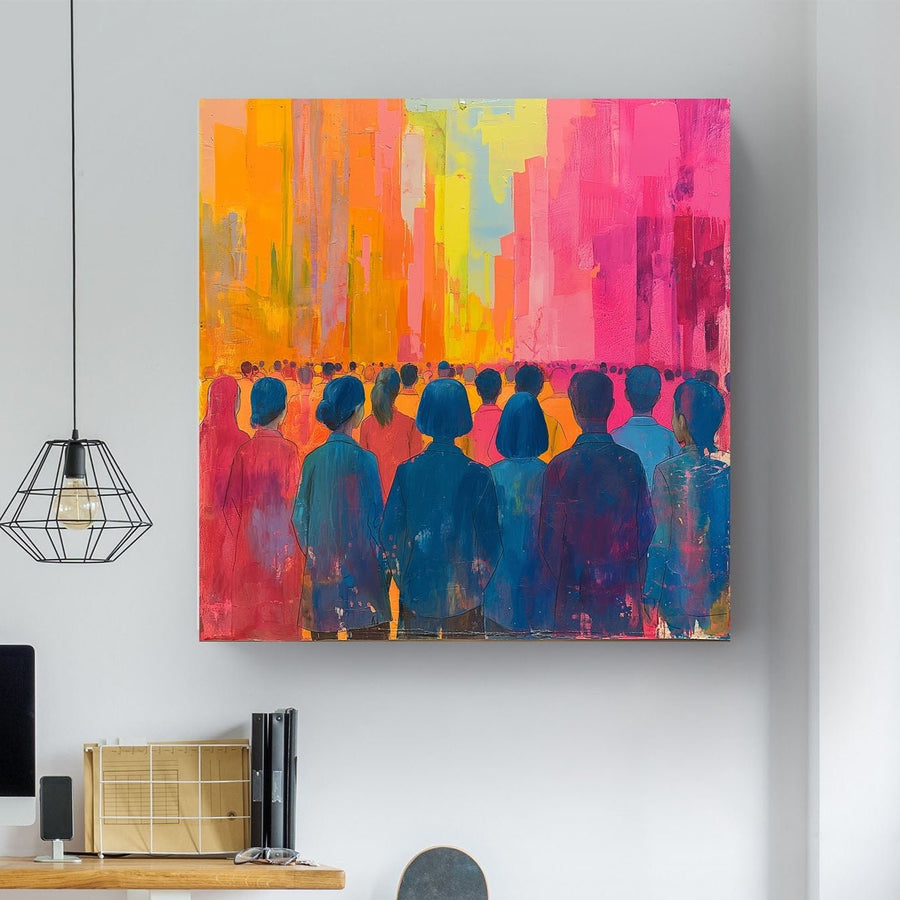 Colorful art of crowd standing in square wall art print