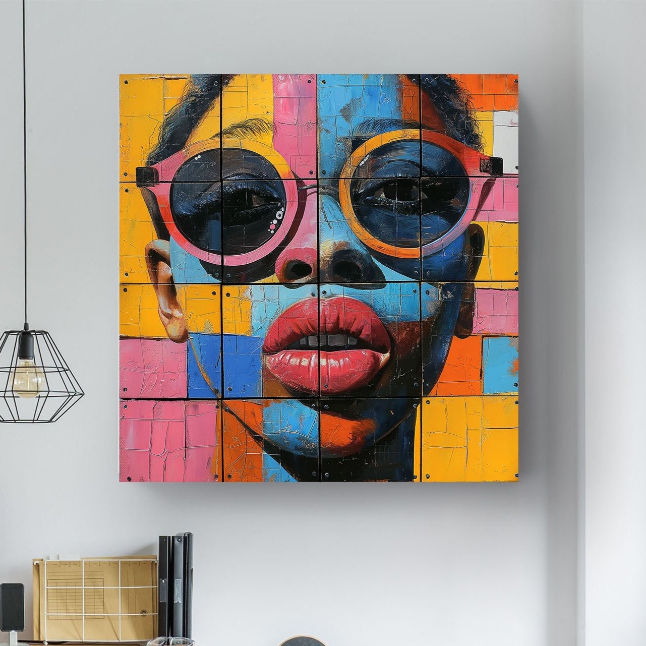 Colored collage of female face pop wall art print