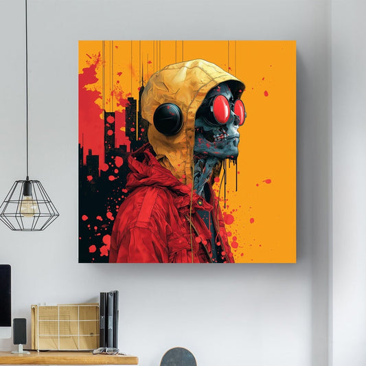 Cyberpunk skull with hoodie and headphones wall art print