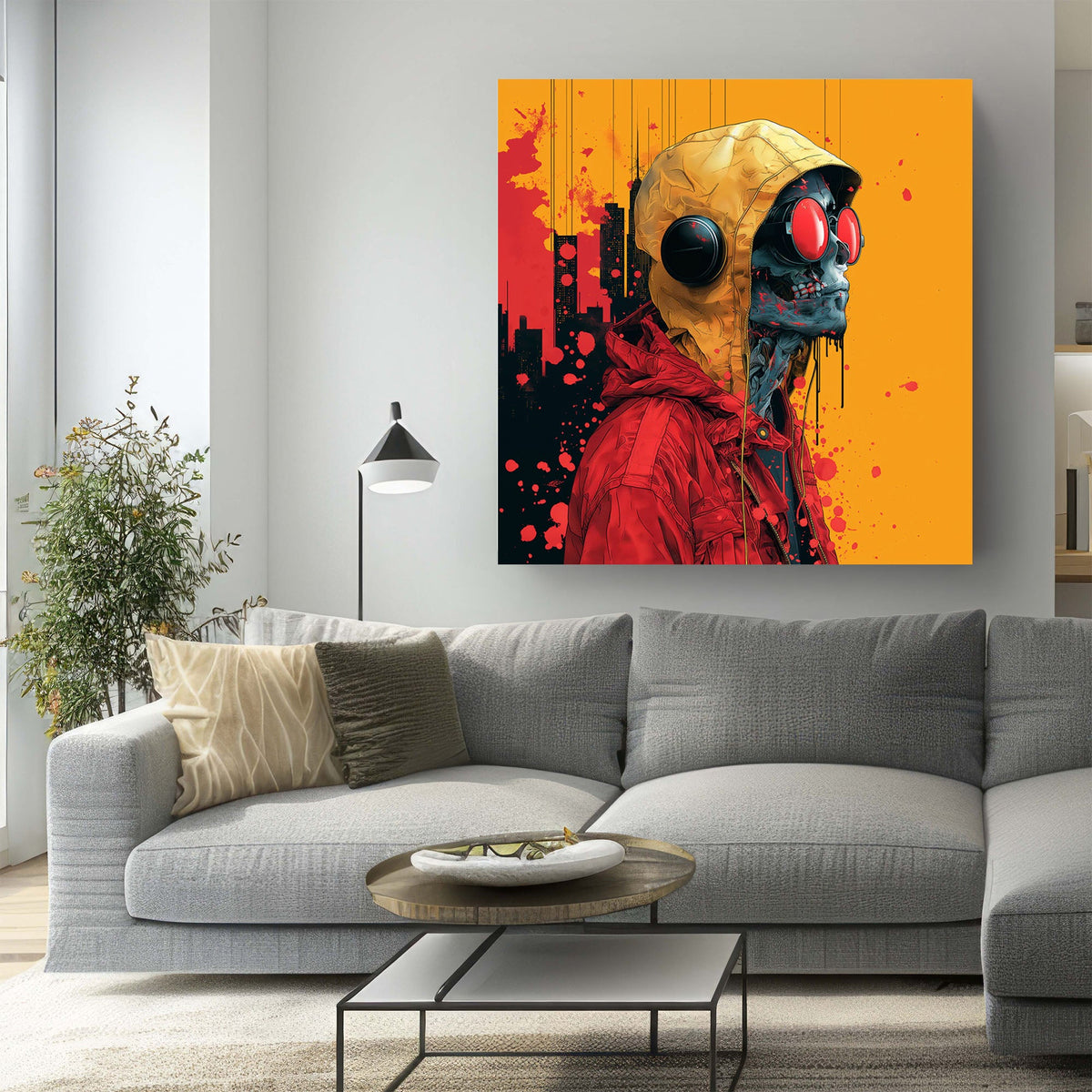 Cyberpunk skull with hoodie and headphones wall art print