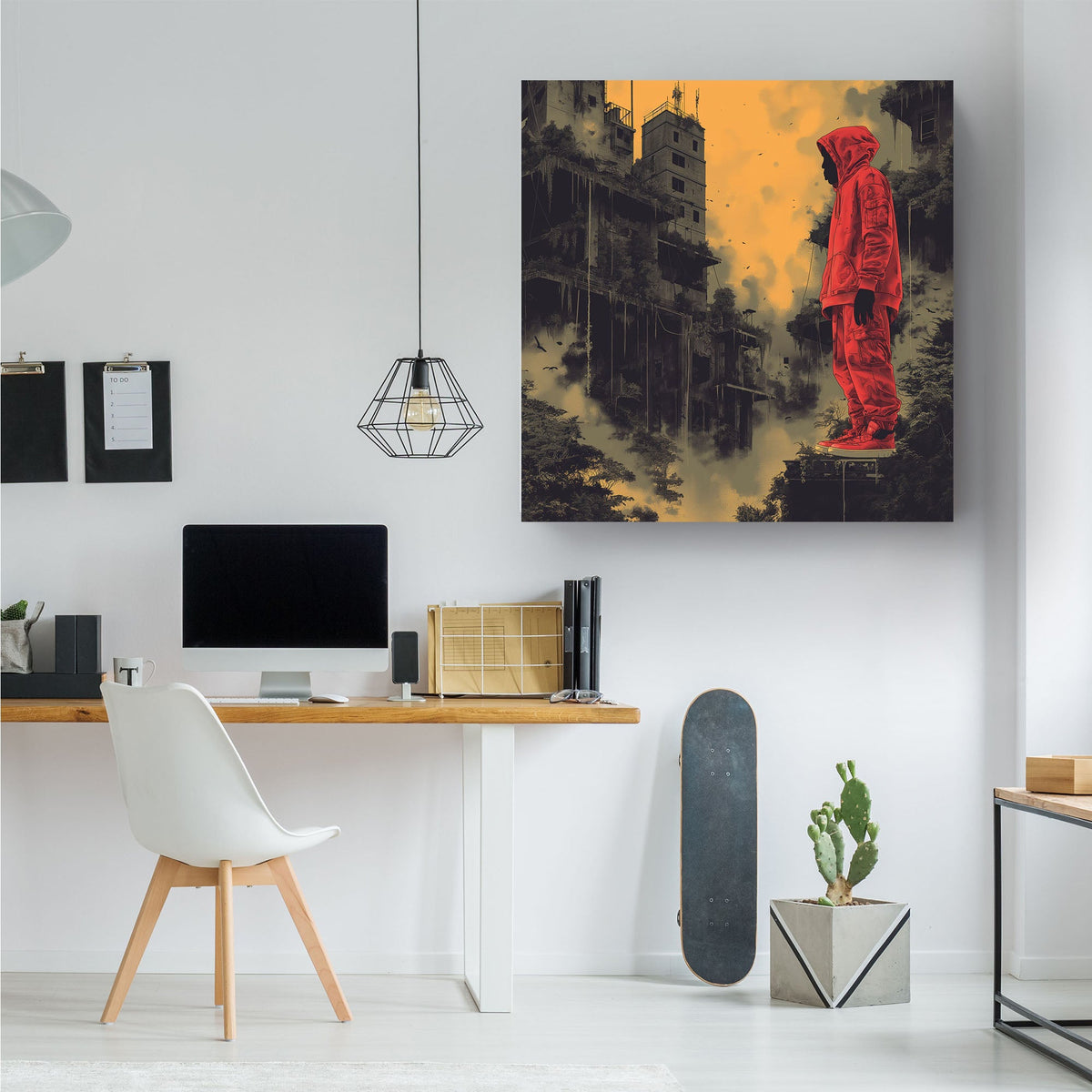 Man in red jumpsuit standing on cliff wall art print