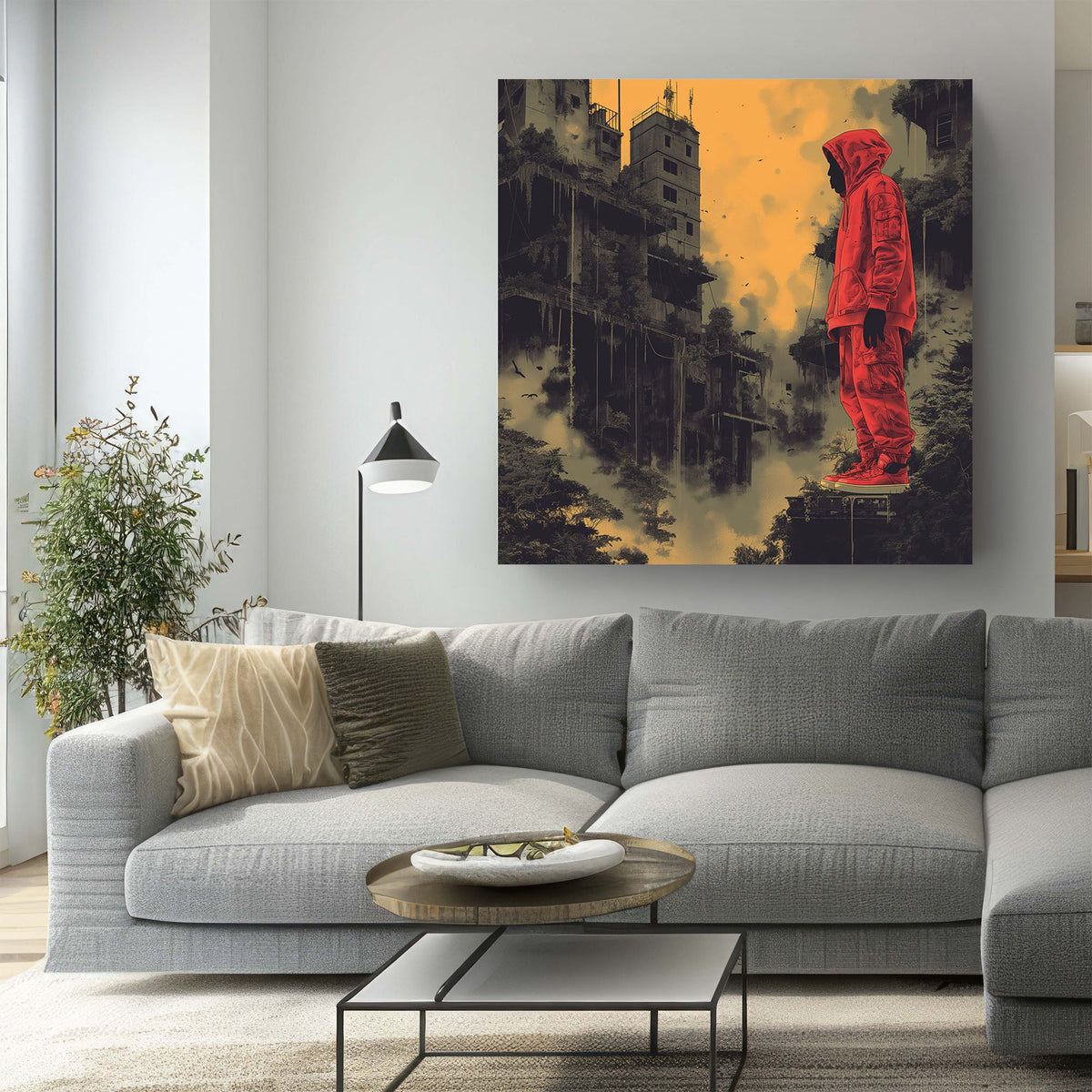 Man in red jumpsuit standing on cliff wall art print