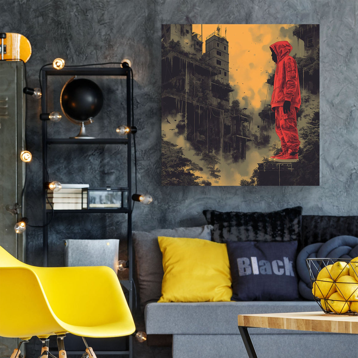 Man in red jumpsuit standing on cliff wall art print
