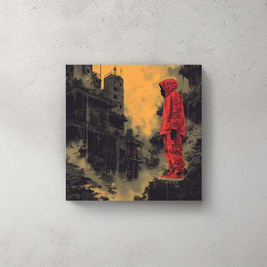 Man in red jumpsuit standing on cliff wall art print