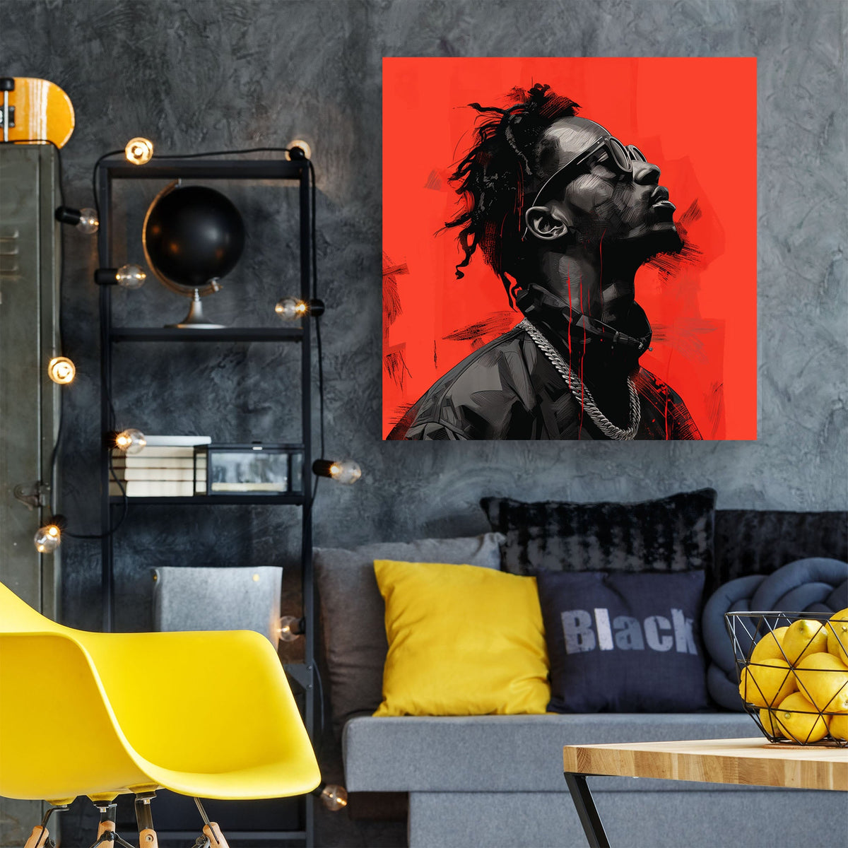Portrait of black man on red background wall art print