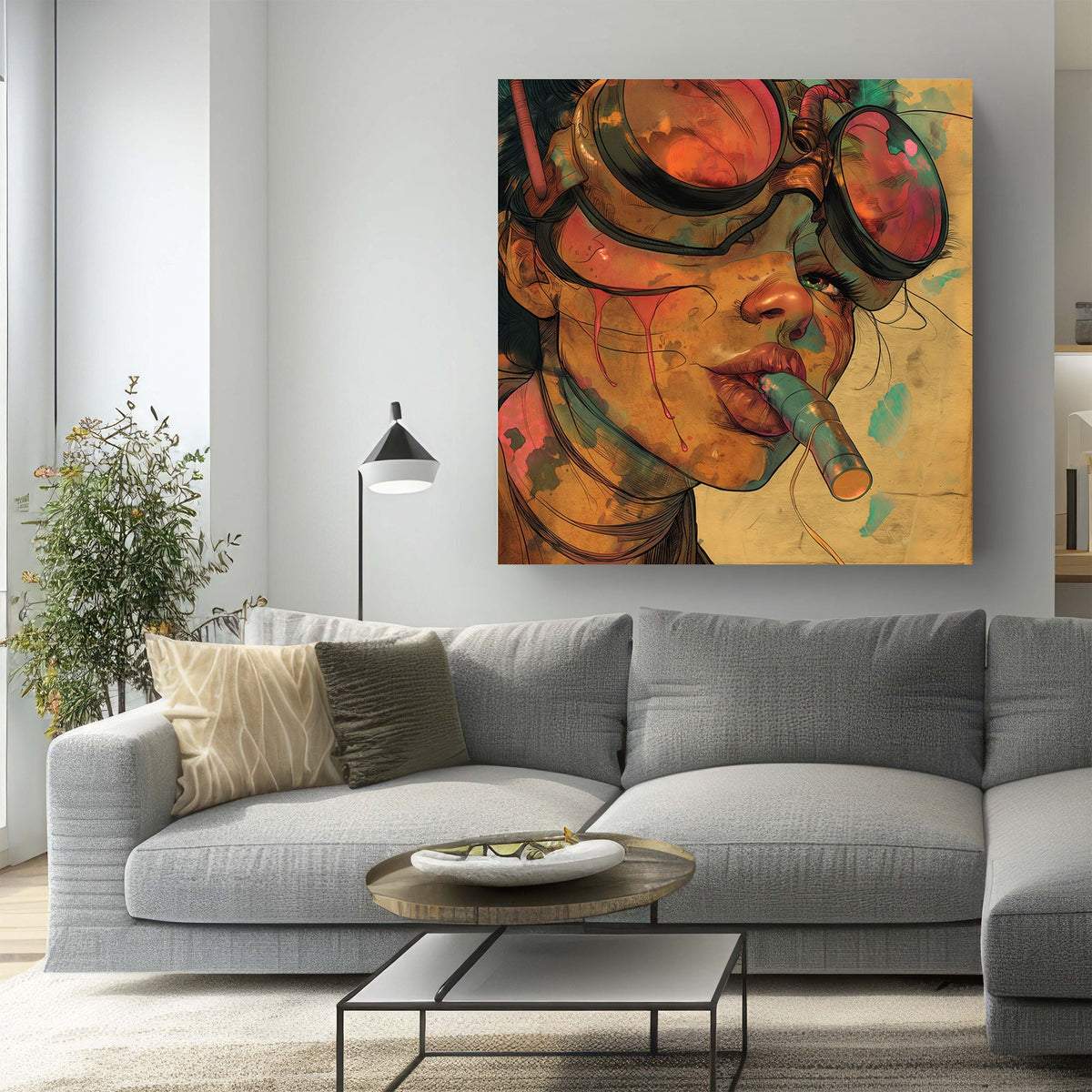 Cyberpunk girl smoking a cigarette wall art print