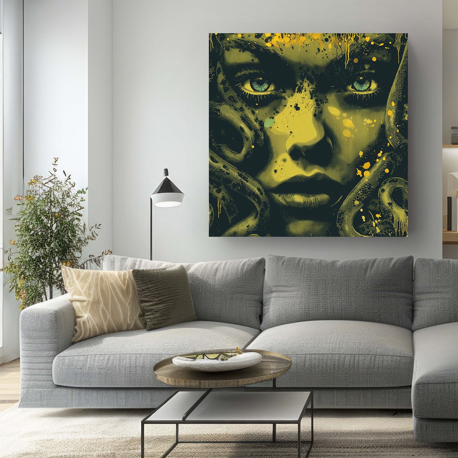 Green medusa face close up wall art print