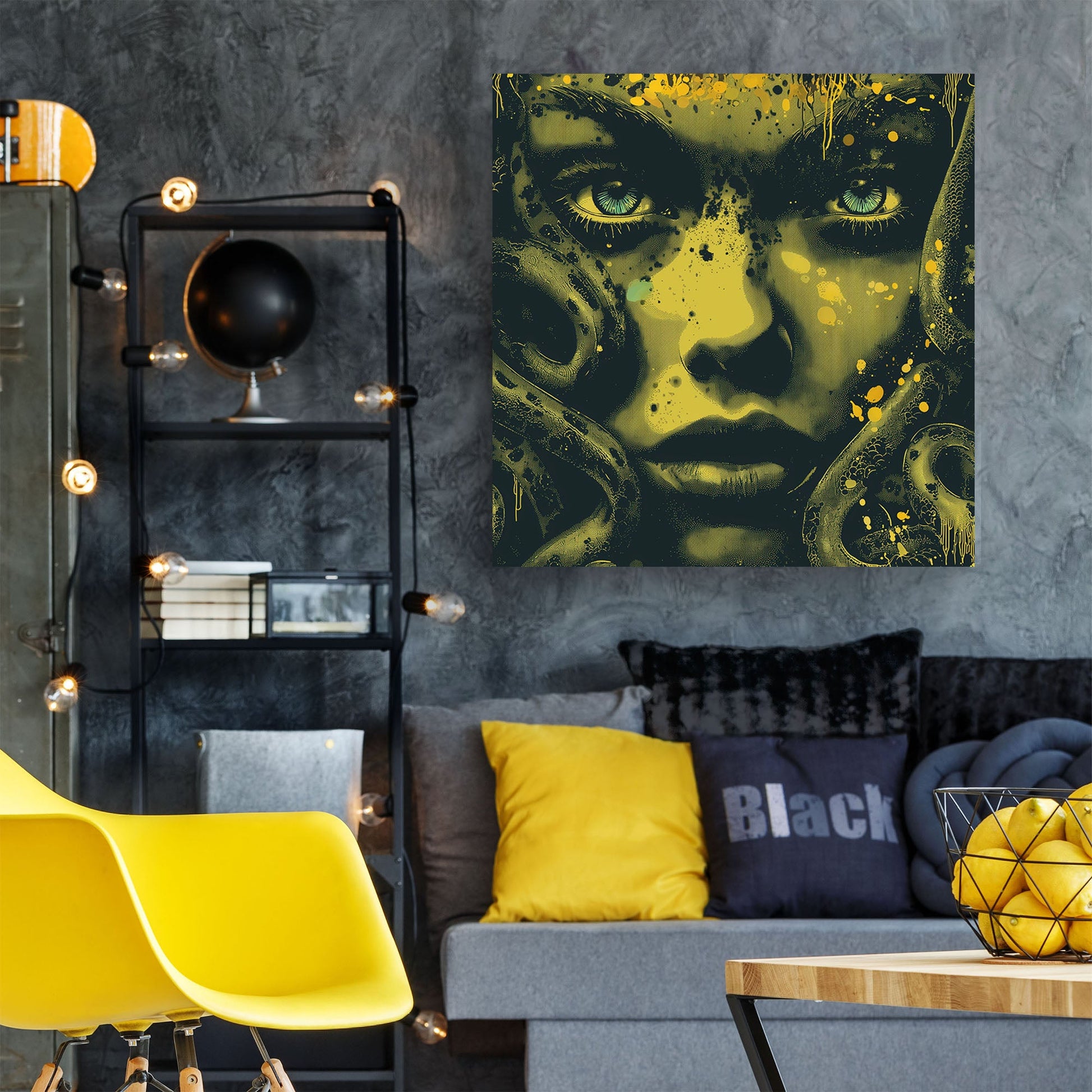Green medusa face close up wall art print