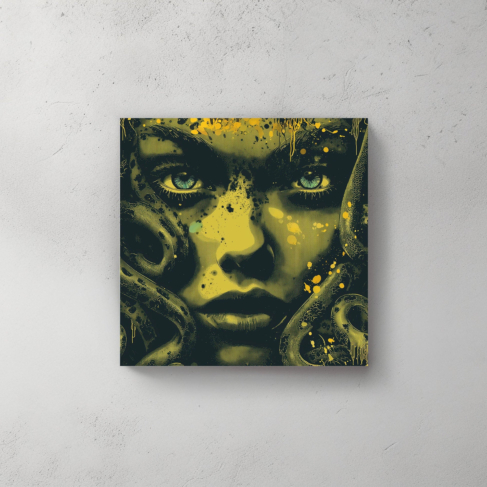 Green medusa face close up wall art print