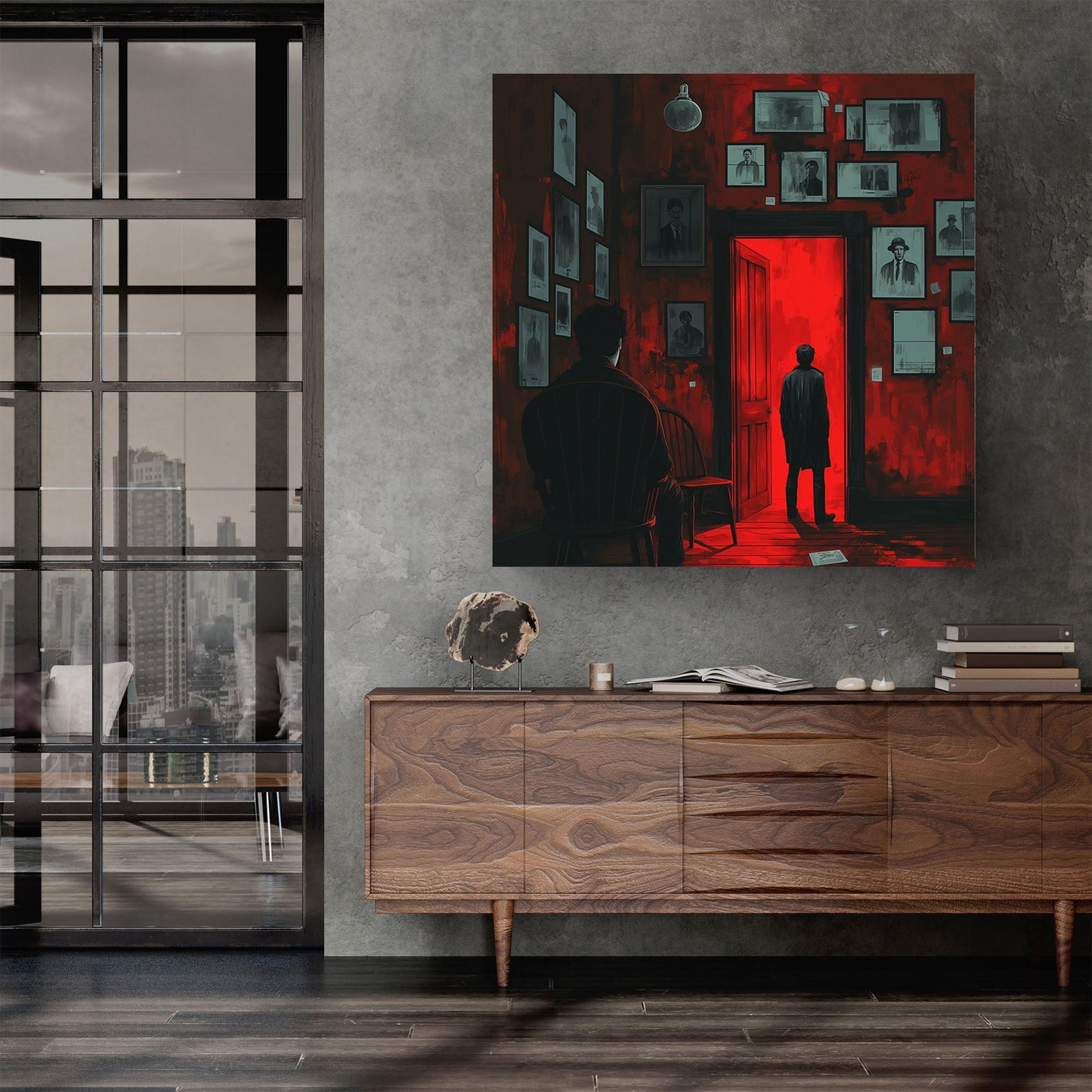 Red room with man standing impressionism wall art decor