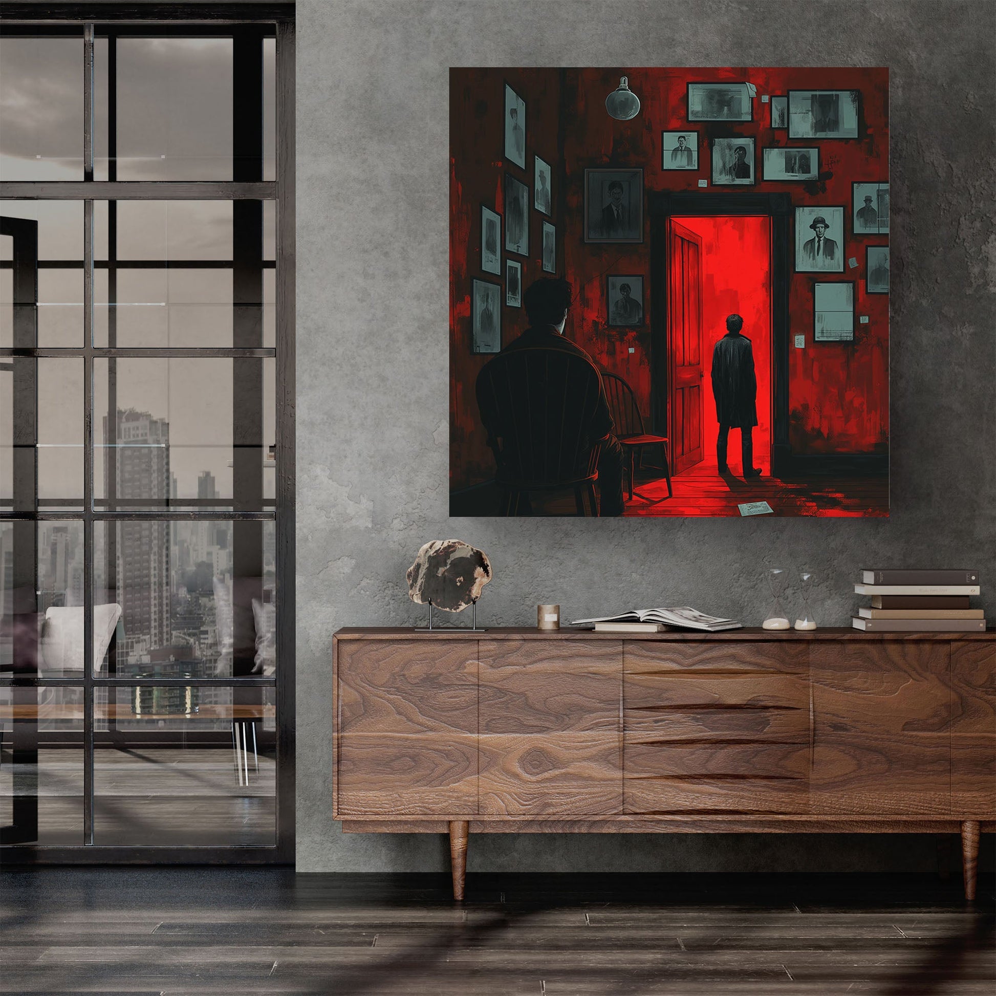 Red room with man standing impressionism wall art decor