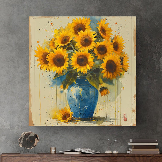 Blue vase with sunflowers contemporary wall art decor