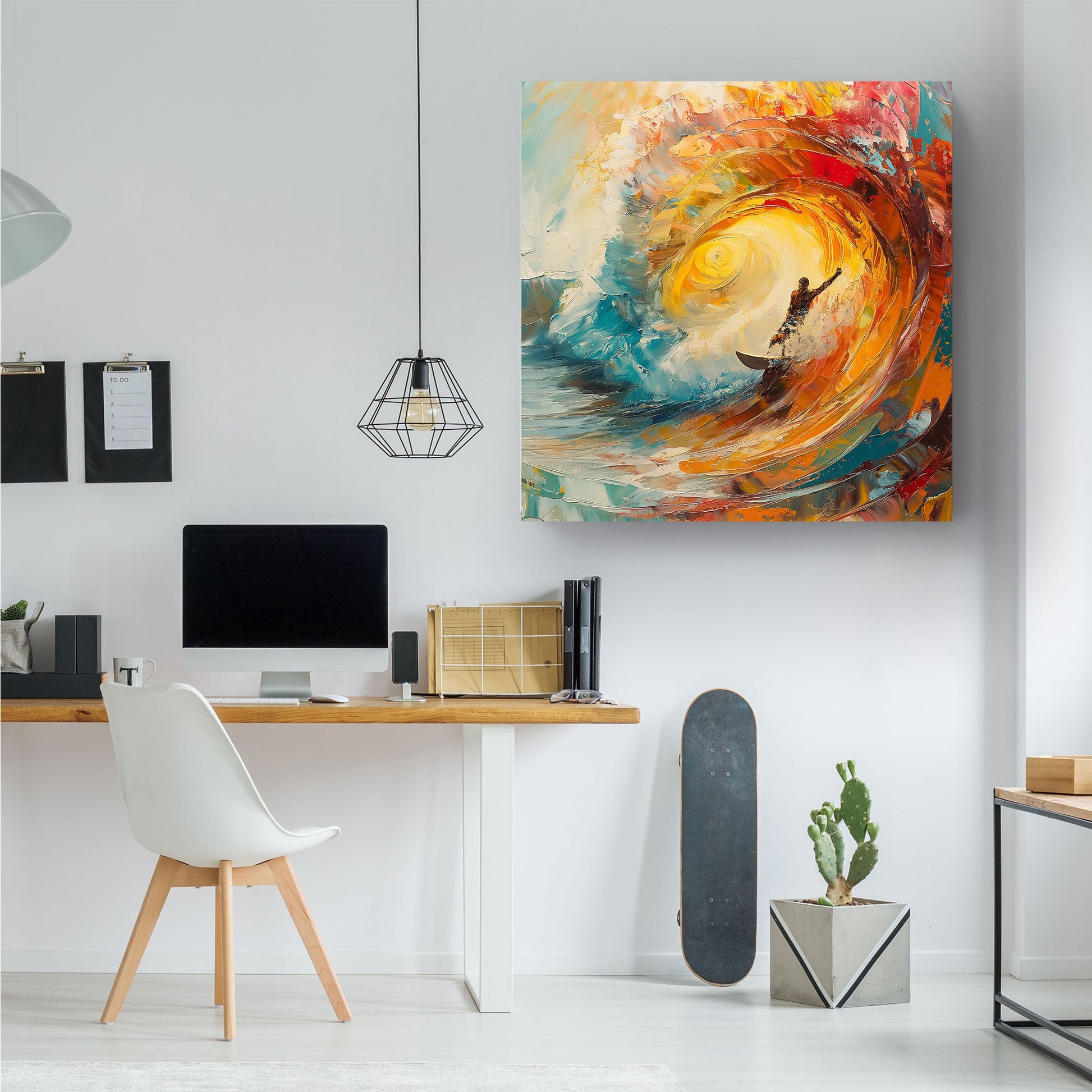 Abstract surfer riding ocean wave wall art decor