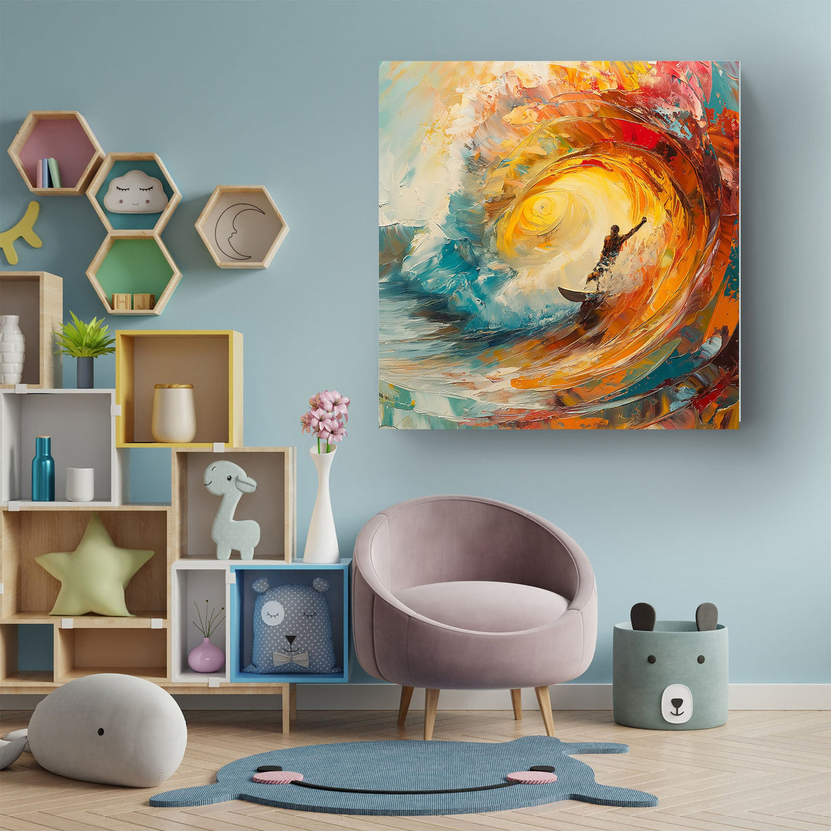 Abstract surfer riding ocean wave wall art decor