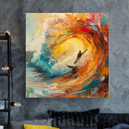 Abstract surfer riding ocean wave wall art decor