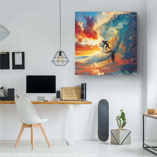 Surfer riding wave with sunset wall art decor