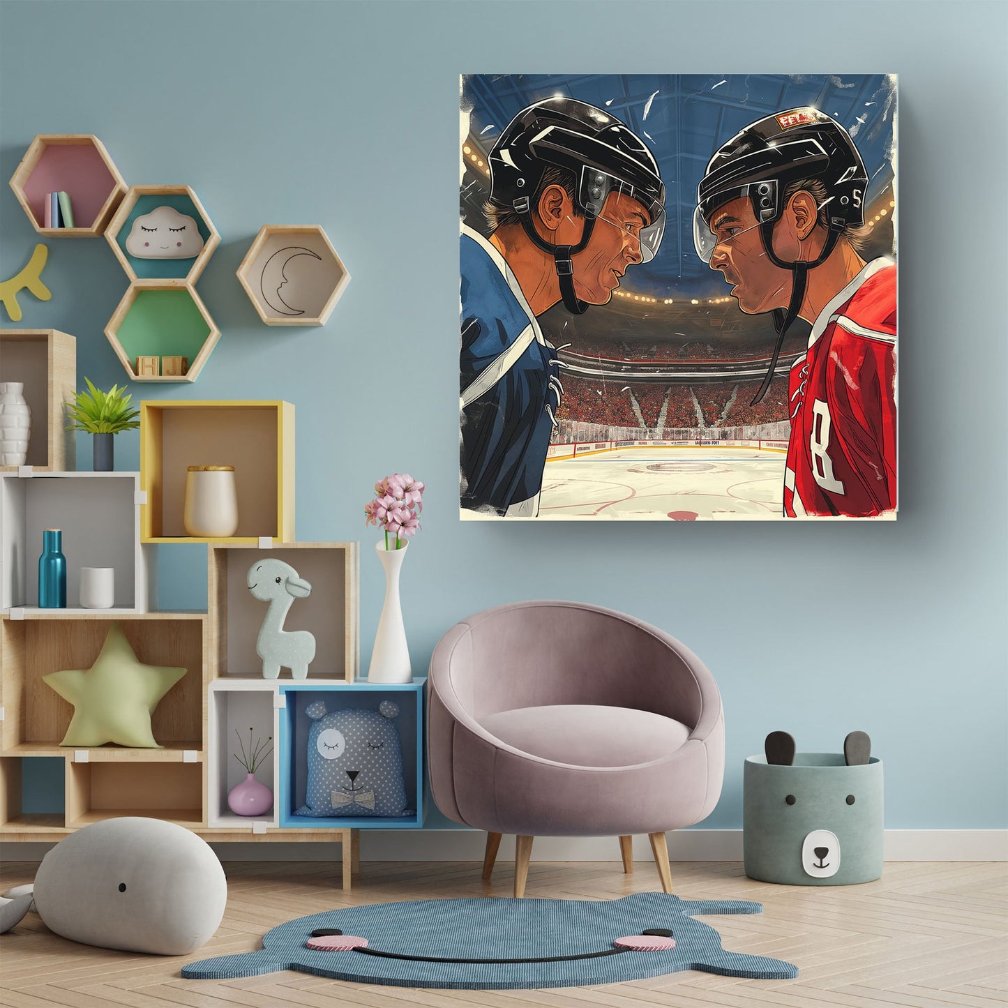Hockey players ready for face-off wall art decor