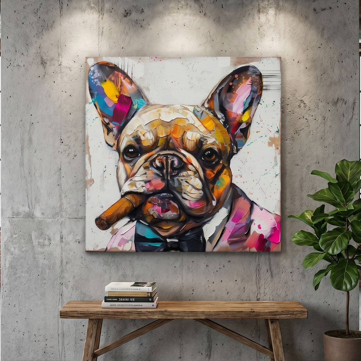 Colorful painting of a dog with a cigar on a concrete wall above a wooden table.