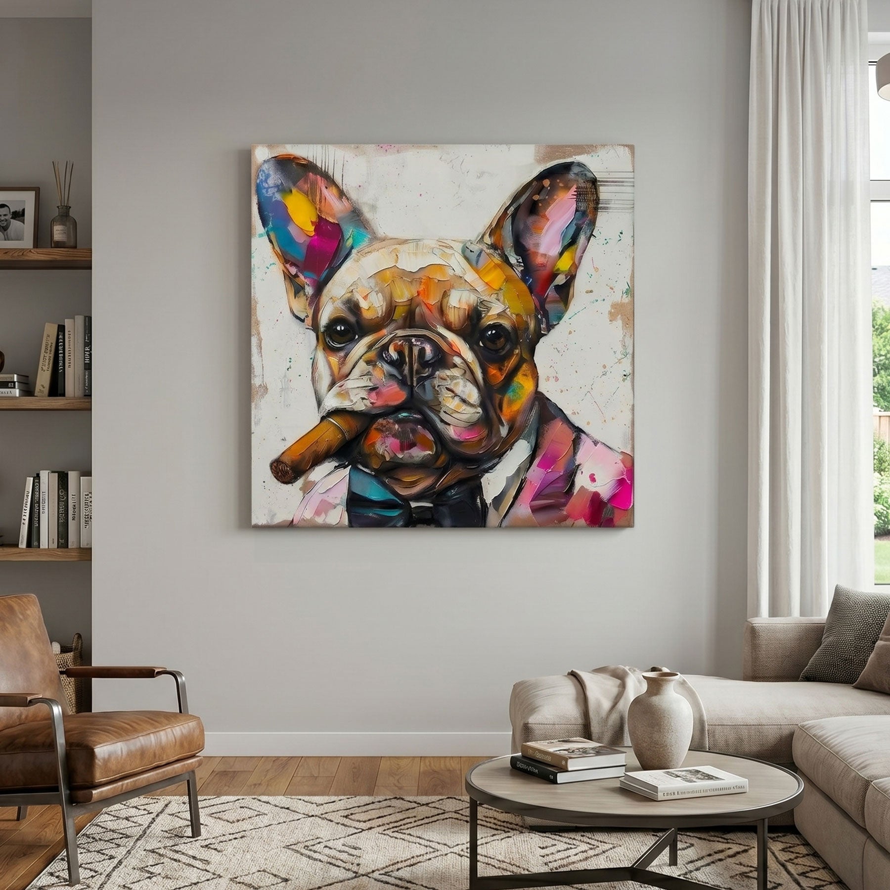 Colorful painting of a dog with a cigar on a wall in a living room.