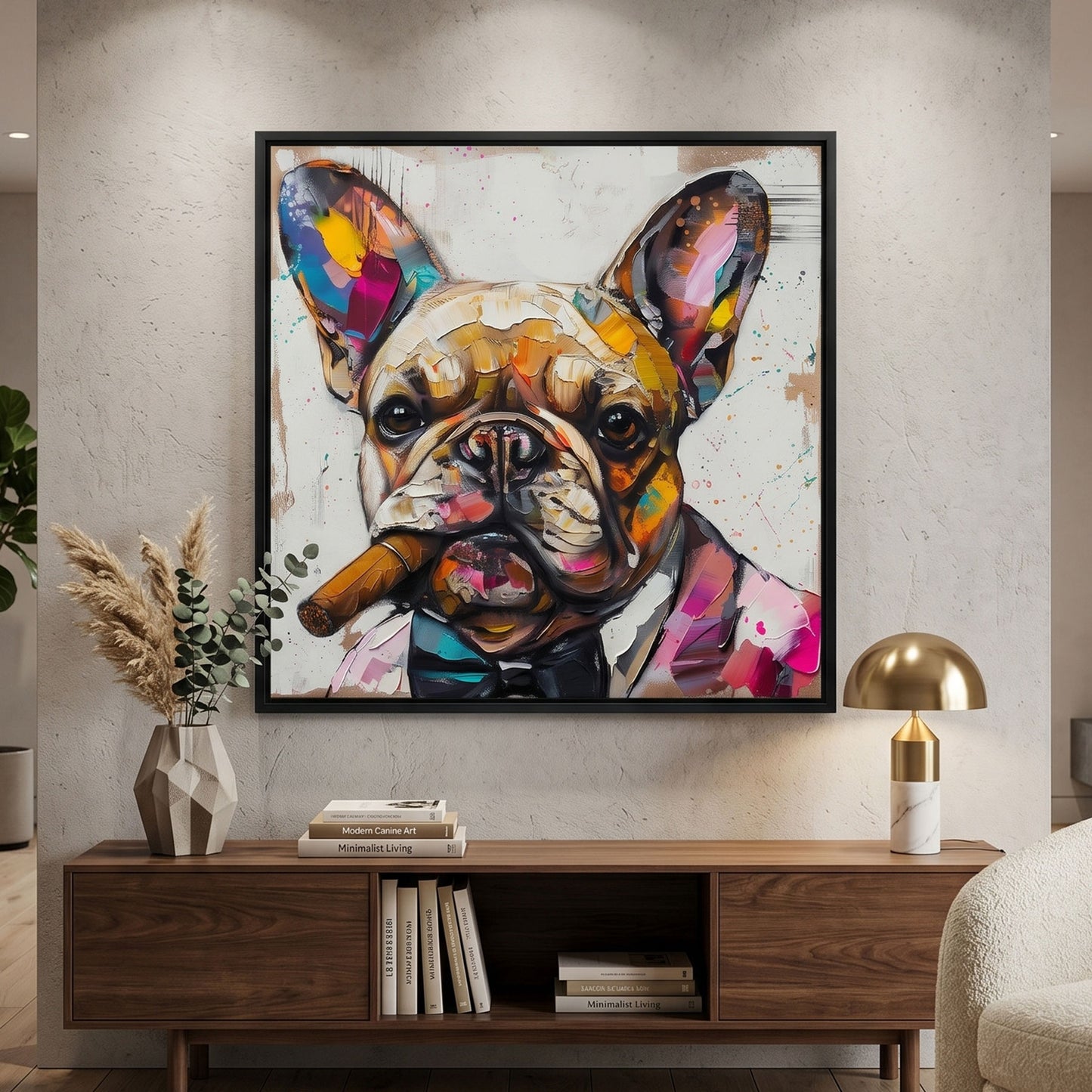 Colorful abstract painting of a dog on a wall above a wooden console table.