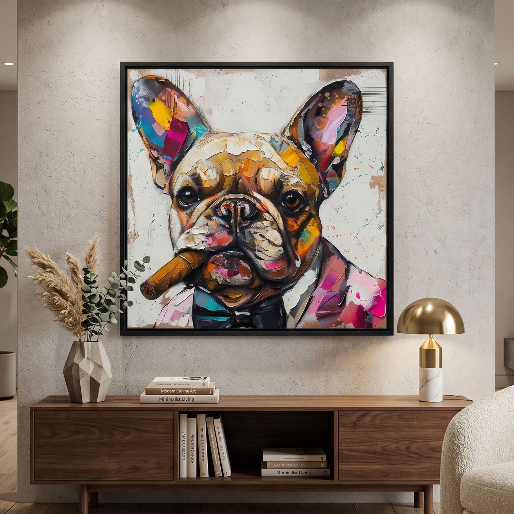 Colorful abstract painting of a dog on a wall above a wooden console table.